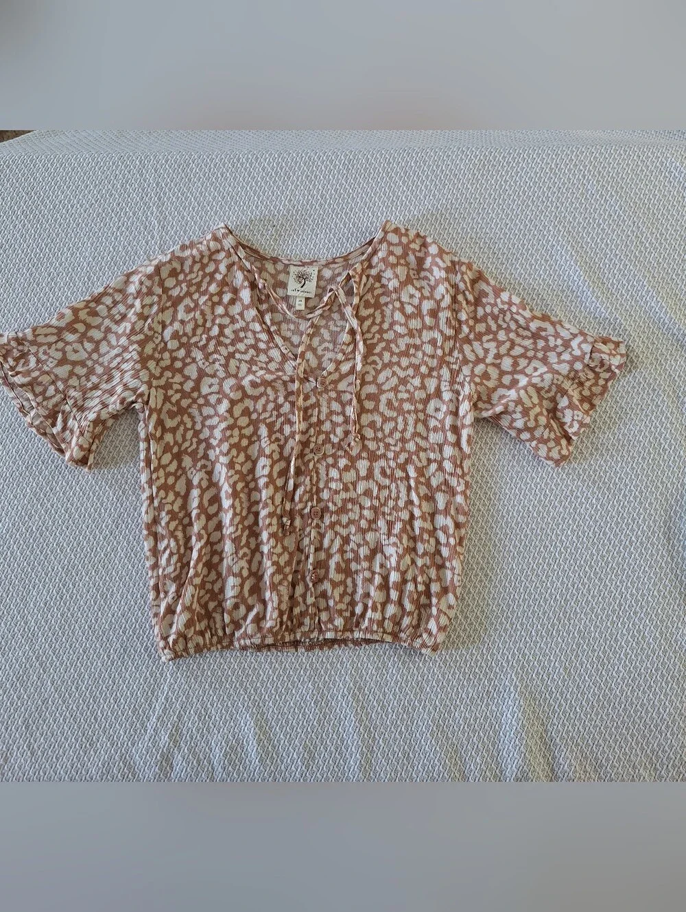Self Esteem Pink & White Leopard-Print Tie Front Blouse